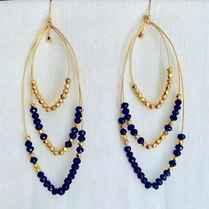 NWOT Gold Wire Hoop Earrings 10K Black Glass Bead Long Almond Shauna Neely